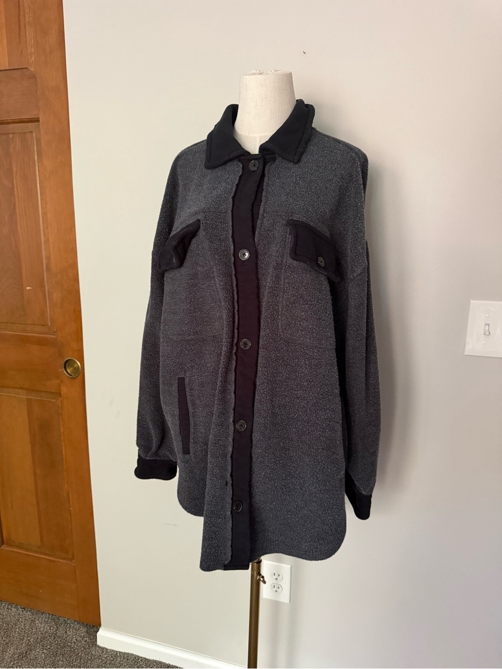 Free People Charcoal Gray & Black Button-Front Utility Shacket, Oversize Medium